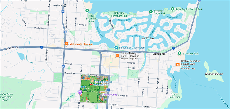 Map showing Cleveland and Redlands relative to Brisbane